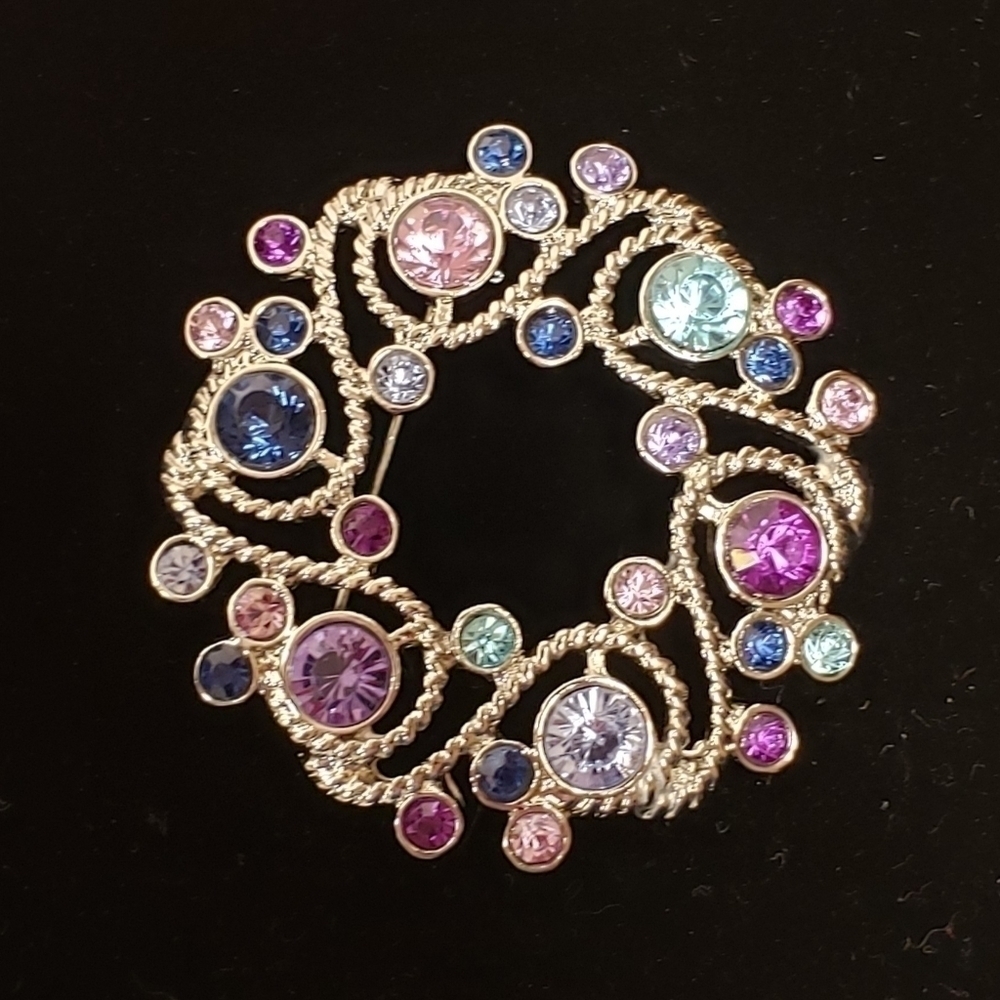 Vintage Jewel Tone Multicolor Rhinestone Brooch Wreath Circle Pin